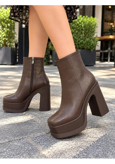 Asmi Shoes Kadın Latina Kahverengi 12 Cm Platform Topuklu Fermuarlı Bot