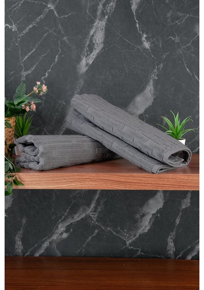Tuğla Desenli 2li Ayak Havlusu - 50x70 Cm - Su Emici Banyo Paspası Seti - Koyu Gri Koyu Gri