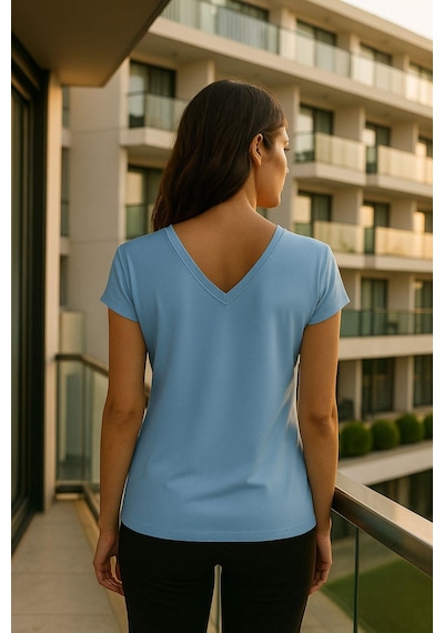 Kadın Mavi Viskon Ön Arka V Yakalı T-shirt Yarasa Kol Relaxed Bluz Çok Renkli
