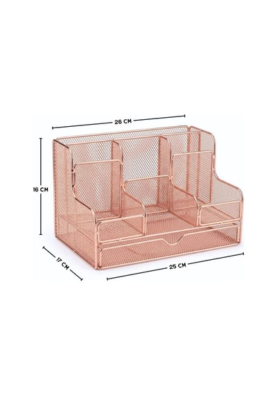 Temel Rose Gold Metal Mesh Masaüstü Organizer Çekmeceli Çok Bölmeli 25x17x16 Cm 9527r