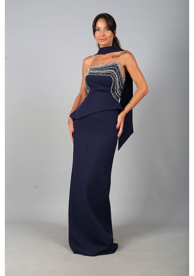 By Saygı Kadın Asimetrik Straplez Yaka Astarlı Önü Taşlı Peplum Detaylı Krep Uzun Elbise Lacivert By Saygı Kadın Asimetrik Straplez Yaka Astarlı Önü Taşlı Peplum Detaylı Krep Uzun Elbise Lacivert