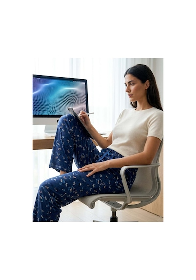 Aura Collections Kadın Viskon Pamuklu Pijama Altı Soft Örme Mevsimlik Ev Pantolonu Mavi