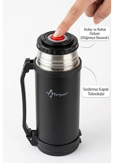Penguen 1.5 Litre Avcı Termos Vakumlu Çelik Termos Kamp Piknik Çay Kahve Termosu Sus304 Bpa Free Siyah