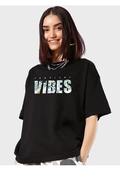 Kadın Kısa Kol Yazlık Tişört Bisiklet Yaka Vıbes Baskılı T-shirt - Siyah