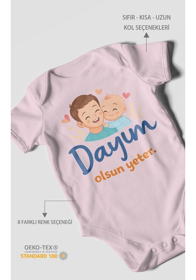 Morivokids Dayım Olsun Yeter Kısa Kollu Bebek Body %100 Pamuk Bebe Pembe