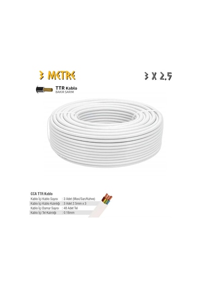 Sgs Elektrik Tesisat Kablosu - 3x2.5 Cca Ttr 48x0.18 - Beyaz - 3 Mt.