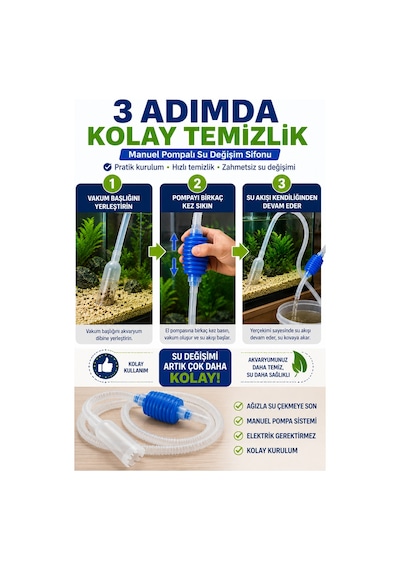 Manuel Pompalı Akvaryum Dip Temizleyici Su Değişim Sifonu Kum Temizleme Hortumu Elektriksiz 150 Cm