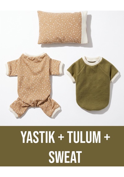 Latte & Matcha Kedi Rüyası Pamuklu Kedi Tulumu, Polar Sweatshirt Ve Mini Yastık 3 Parça