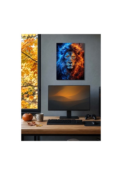 Ateş Ve Buz Aslan A3 Metal Poster Mavi Turuncu Alevli Aslan Portresi Dekoratif Duvar Tablosu Çok Renkli - 937547502 Çok Renkli - 937547502 Çok Renkli