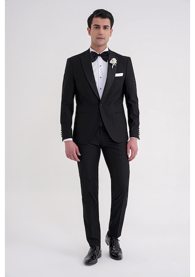 Slim Fit Fleto Cep Çıkarılabilir Saten Yaka Düz Siyah Damatlık Smokin Takım Altro 032 Siyah
