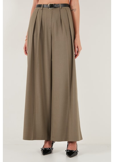 Lela Pileli Wide Leg Yüksek Bel Geniş Paça Kemerli Palazzo Bayan Pantolon 68351070 Karamel