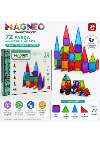 Magneo 72 Parça Manyetik Blok Seti Eğitici Zeka Geliştirici Oyuncak 3+ Yaş
