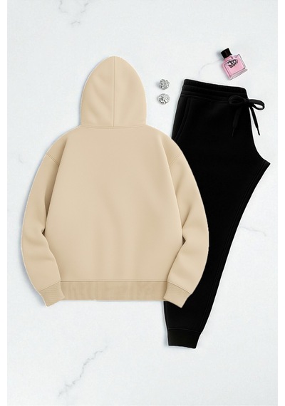 Uyguntarz Unisex Be Happy Baskılı Oversize Sweatshirt Takım Bej