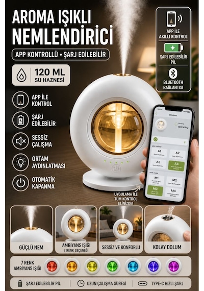 Ultrasonik Hava Nemlendirici Aroma Difüzör 120ml Usb Ve Pilli Çalışan Uygulama Kontrolü Zaman Ayarlı Krem