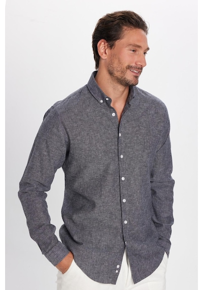 Tudors Erkek Slim Fit Dar Kesim Uzun Kollu Keten Premium Seri Düğmeli Yaka Spor Antrasit Gömlek-32817 Antrasit
