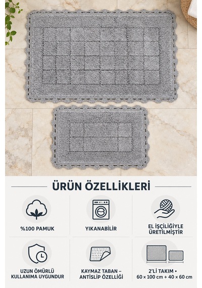 Alanur Bodrum Tufting Cotton Pamuklu El Işi Örgülü 2 Li Paspas 109 gri