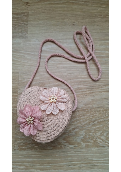 Luxury Kız Çocuk Kalpli Çapraz Hasır Omuz Çantası Pembe