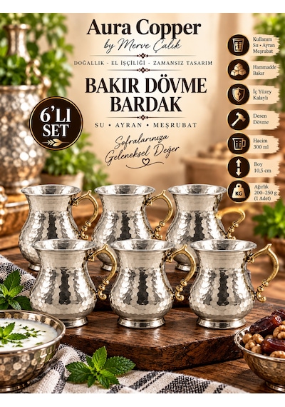 Bakır Bardak 300 Ml Kalaylı Dövme Kulplu Ayran Su Meşrubat Bardağı Ajda Gümüş