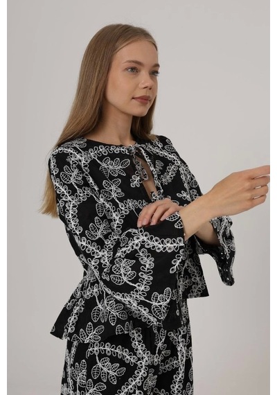 Defymoda Fiyonk Bağlamalı Brode Bluz - Siyah Siyah
