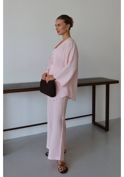 Balenbi Kadın Çift Bağlamalı Müslin Kumaş Kimono 1101 Pembe