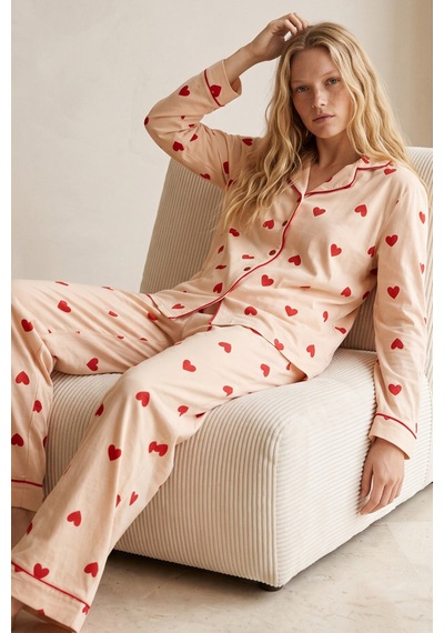 Siyah İnci Düğmeli Biyeli Oversize Pamuklu Örme Pijama Takım 8071 Somon