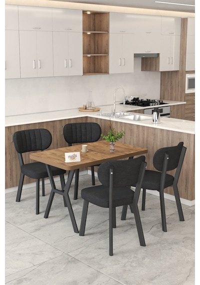Gnr 70x110cm Sabit Atlantik Mutfak Masası Takımı, Yemek Masası, 4 Modern Siyah Sandalye Siyah