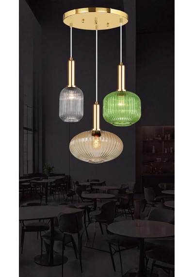 Rustik Modern Renkli Camlı Sarkıt Avize 5762-v91-1r-jy-3r Gold