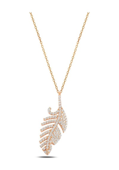 Zirkon Taşlı Rose Renk Yaprak Model Kadın Gümüş Kolye Gklyprkmdl3 (484545026)