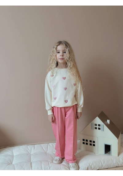 Miniko Kids Kız Çocuk Kalp Modelli Geniş Paça Pamuk Takım Pembe