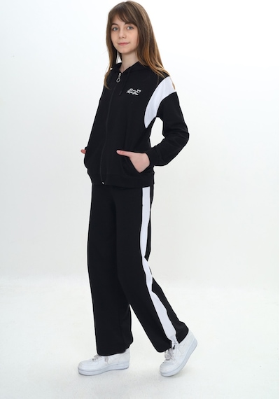 Toontoy Kids Toontoy Kız Çocuk 2'li Takım Baskılı Kapüşonlu Fermuarlı Cepli Sweatshirt & Beli Lastikli Paçası Ayarlanabilir Eşofman Altı - Garni Detaylı & 2 İplik Siyah