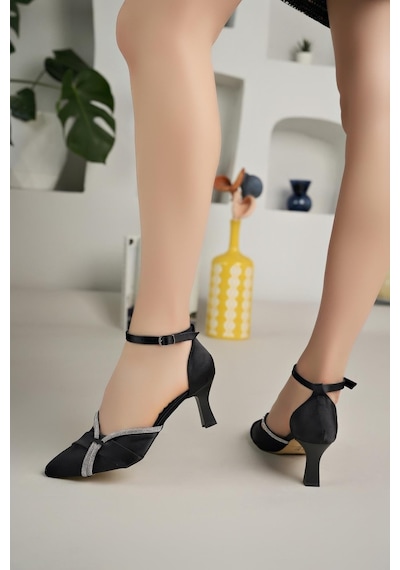 Nesilshoes Nesil Shoes Elva 100 Siyah Saten Taşlı Topuklu Kadın Ayakkabı