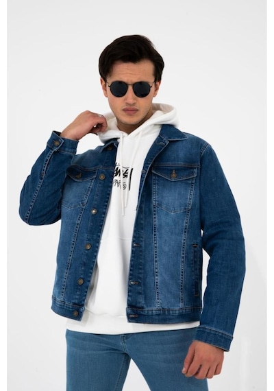 HLT Jeans Erkek Mavi Jean Denim Standart Kalıp Pamuk Cepli Düğmeli Kot Ceket 001