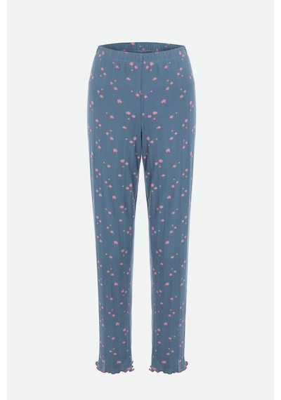 Kadın Pamuklu Çıtır Çiçek Desenli Baby Overloklu Fiyonk Detaylı Uzun Kollu Pijama Takımı Mavi - Pembe