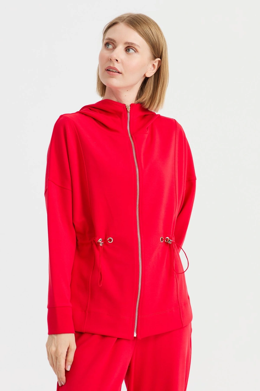 Kadın Kapüşonlu Beli Büzgülü Sweat Kırmızı Kırmızı
