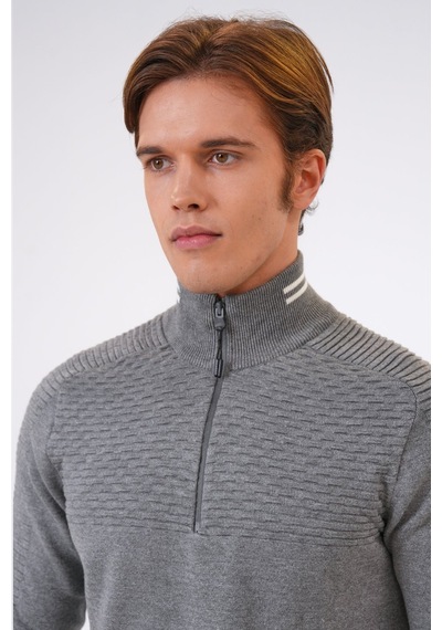 Back And Bond Gri Regular Fit Desenli Dik Yaka Yarım Fermuarlı Triko Kazak-gri Gri