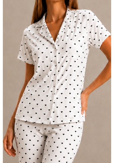 Kadın Kısa Kol Rahat Kalıp Şık Kar Beyaz Pijama Takımı