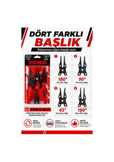 4 Başlıklı Segman Pense Seti İç & Dış Segman Uyumlu Değiştirilebilir Uçlu Profesyonel Karbon Çel