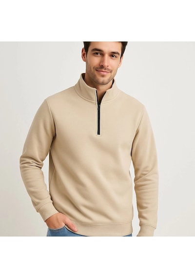 Barlashive Erkek Dik Yaka Sweatshirt Dik Yaka Yarım Fermuarlı 3 İplik Pamuk Kumaş - Bej Çok Renkli