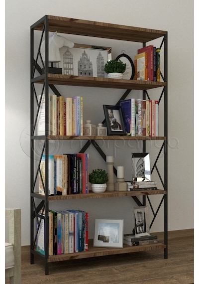 Morpanya Ural 5 Raflı Geniş Metal Kitaplık Dosya Kitap Rafı Ofis Salon Metal Raf 90x180 Siyah Ceviz