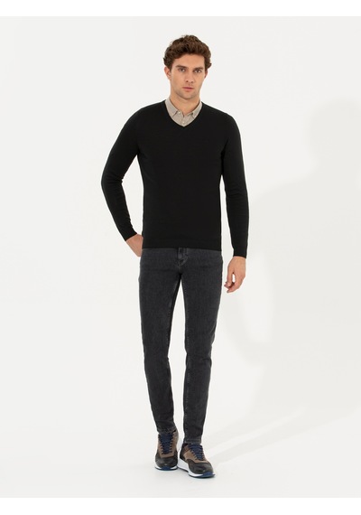 Cacharel Siyah Slim Fit V Yaka Basic Triko Kazak