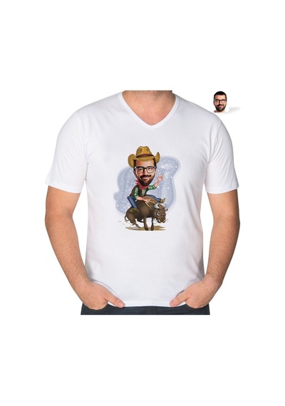 Abluka Online Kişiye Özel Rodeo Karikatürlü V Yaka Tişört-1