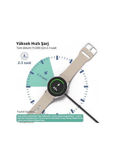 Caseonn Samsung Galaxy Watch 5 40mm Manyetik Type-c Hızlı Şarj Kablosu Siyah