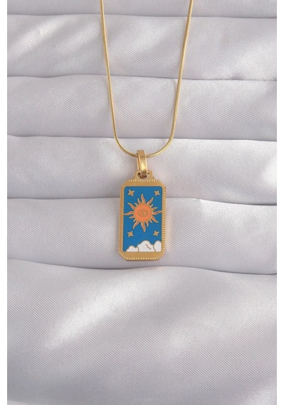316l Çelik Gold Renk Mavi Mineli Güneş Model Tarot Kolye Karışık Renk