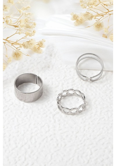 Chavin 3 Lü Eklem Yüzüğü Bayan Silver Yüzük Ev27by Gri