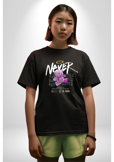 Asla Asla Deme Pamuklu Bisiklet Yaka Unisex Oversize Boyfriend Dijital Baskılı Siyah T-shirt Siyah