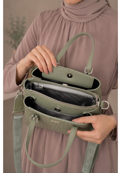 Just Polo Kadın Orta Boy Premium Deri Ayarlanabilir Askılı 3 Bölmeli Şık El & Omuz Çantası Shoulder Bag Yeşil