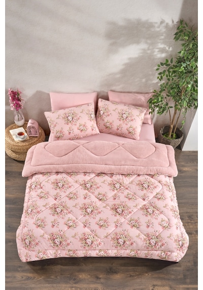 Çift Kişilik Welsoft Yorgan Uyku Seti Lastikli Çarşaflı Pudra Rose