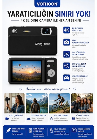 Dijital Kamera 4k Hd 48mp 16x Zoom Flaşlı Kayar Retro Video Kamera 2.8 Ekran 64gb Sd Kart li 09387222