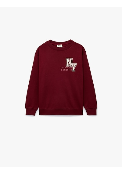 Koton Pamuklu Uzun Kollu Bisiklet Yaka Baskılı Sweatshirt Bordo 7wkb10058tk