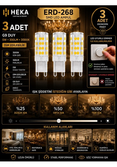3 Adet Heka 5w Günışığı 3000k G9 Duylu Dim Edilebilir Led Kapsül Ampul
